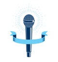 Microphone vector logo or emblem isolated on white, MC rapper or rap battle concept, stand up comic or radio.