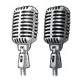 Microphone. Vintage vector black and color engraving illustration on white