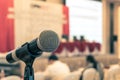 Microphone voice speaker in business seminar, speech presentation, town hall meeting, lecture hall or conference room in corporate