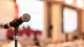 Microphone voice speaker in business seminar, speech presentation, town hall meeting, lecture hall or conference room in corporate Royalty Free Stock Photo