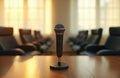 Microphone waits in empty conference room. Chairs arranged in rows for meeting, presentation, or speech. Sunlight streams through Royalty Free Stock Photo