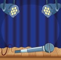 Microphone in wooden floor spotlights stage stand up comedy show Royalty Free Stock Photo