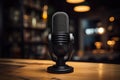 Microphone on a wooden table in a pub or restaurant with a blurred background, Mini desktop mic for gaming, AI Generated