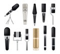 Microphones collection. Recorders or dictaphones for reporters. Professional media music studio equipment. Audio podcast