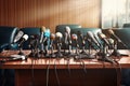 Microphones in conference room or seminar hall. 3D rendering, Media interview in a conference room, microphones, press conference