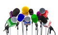 Microphones of different mass media, radio, tv and press for press conference or interview. 3D rendering Royalty Free Stock Photo