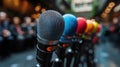Microphones lined up ready for a conference. Generative AI. Royalty Free Stock Photo