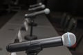 Microphones in press conference room Royalty Free Stock Photo