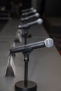 Microphones in press conference room Royalty Free Stock Photo