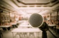 Microphones in seminar room, talking speech in conference hall l Royalty Free Stock Photo