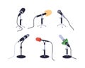 Microphones set. Desktop mics on stands, tripods. Professional audio, voice recording, broadcasting equipment. Table