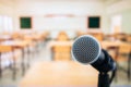 Microphones on voice speaker in classroom at university lecture hall, Concept of speech and teaching with microphone keynote at