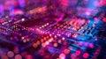A microphotograph of the chips quantum bits arranged in a precise grid with the distinct glow of quantum entanglement