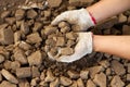 Hand hold soil mixed with microplastics