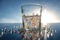 microplastics floating in a glass of water, with the sun shining through