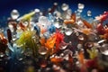 microplastics in water sample under microscope lens