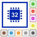 Microprocessor 32 bit architecture flat framed icons