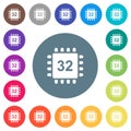 Microprocessor 32 bit architecture flat white icons on round color backgrounds Royalty Free Stock Photo