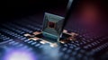 A microprocessor chip is carefully placed onto a circuit board Royalty Free Stock Photo