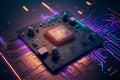 Microprocessor chip on server motherboard with neon lights in cyberspace. Integrated technology industry. Royalty Free Stock Photo