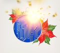 Microprocessor circuitry christmas design with red poinsettia flower.