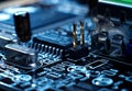 Microprocessor with motherboard background. Computer board chip circuit. Microelectronics hardware concept. Royalty Free Stock Photo