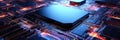 Microprocessor on a printed circuit board, electronic technology concept, artificial intelligence. Horizontal banner Royalty Free Stock Photo
