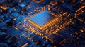 Microprocessor transmitting data on glowing circuit board Royalty Free Stock Photo