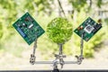 Microprocessors and magnifying glass on the background of green trees. Concept of the impact of e-waste on the environment and