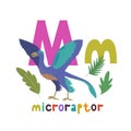 Microraptor. Cute cartoon hand drawn illustration with dinosaur and M letter.