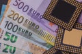 Microschemes placed on euro banknotes Royalty Free Stock Photo