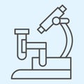 Microscope with analysis flask thin line icon. Laboratory equipment outline style pictogram on white background