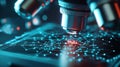 Microscope analyzing futuristic microchip illuminating glowing network connections