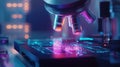 Microscope analyzing glowing microchip in futuristic laboratory