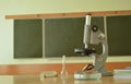 Microscope, beakers, notebooks on the background of the school board