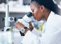 Microscope, black woman and medical science in laboratory for research, analytics and medicine. Woman, doctor and