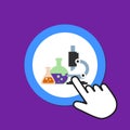 Microscope, chemistry icon. Lab, science concept. Hand Mouse Cursor Clicks the Button