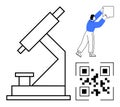 Microscope and QR Code with Person Interacting with Digital Interface in Minimalist Style Royalty Free Stock Photo
