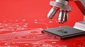 Microscope examining a microchip on a bright red background. Royalty Free Stock Photo