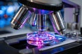 Microscope Examining Petri Dish with Glowing Sample Royalty Free Stock Photo