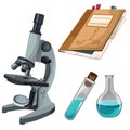 Microscope, flasks and books for research notes Royalty Free Stock Photo