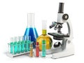 Microscope with flasks and vials. Chemistry labratory tools.