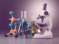 Microscope with flasks, vials and model of molecule. Chemistry o