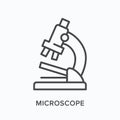 Microscope flat line icon. Vector outline illustration of laboratory instrument. Black thin linear pictogram for