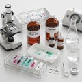 Microscope, glass slides with stained samples, and bottles labeled Royalty Free Stock Photo