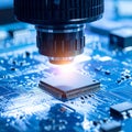 Microscope Inspecting a Computer Microchip Royalty Free Stock Photo