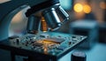 Microscope inspects circuit board tiny components in tech lab. Modern tech, microchip detail. Focus on microelectronics, Royalty Free Stock Photo
