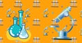 Microscope and laboratory beakers icons moving against yellow background