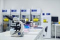 Microscope on laboratory bench in modern research facility with storage units Royalty Free Stock Photo