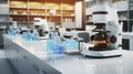 Microscope And Laboratory Equipments On Empty Desk In Science Laboratory. Generative AI Royalty Free Stock Photo